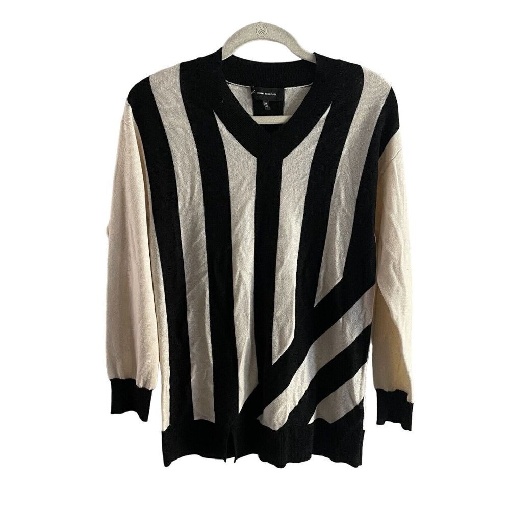 Robert Rodriguez Women XS Black Cream Striped 100% Wool Pullover Sweater NWOT